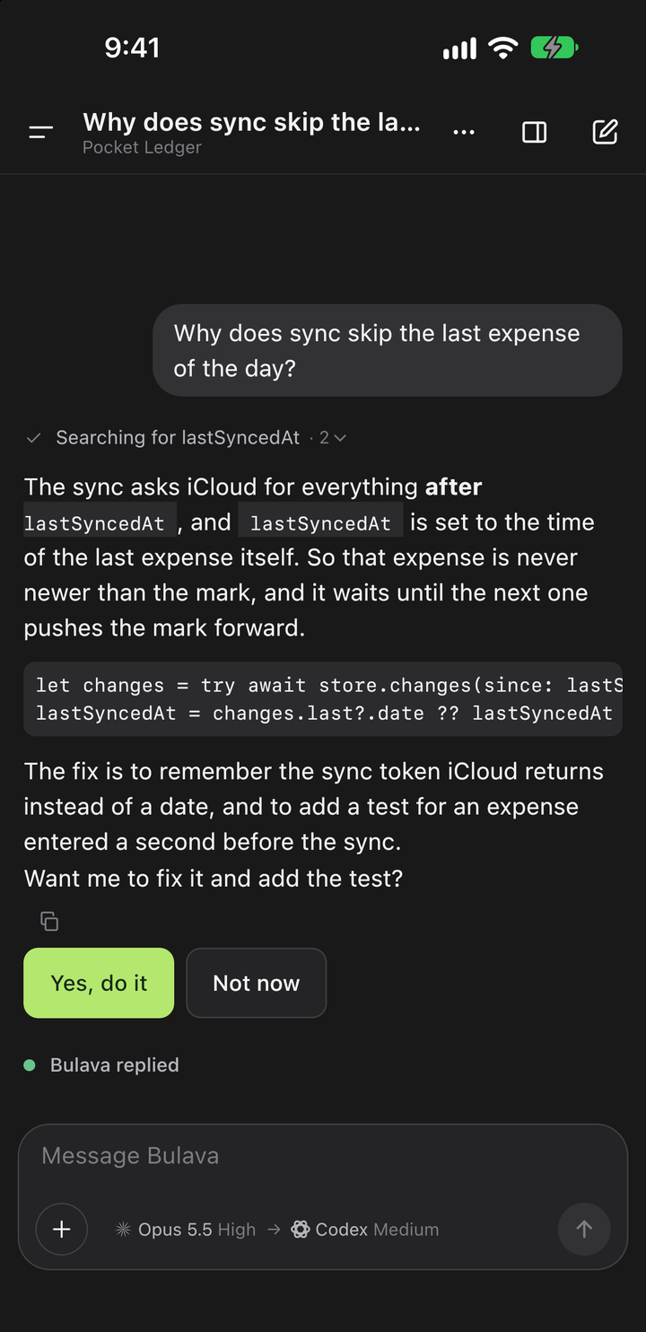 Bulava on an iPhone: an answer about a sync bug, with the code it points to and a button to go ahead with the fix.